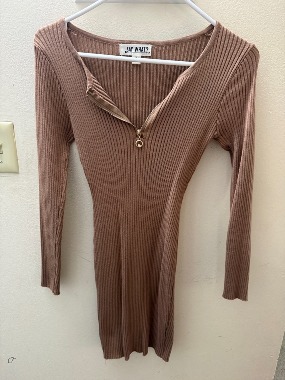 Say What? Mauve Brown Ribbed Zip-Front Bodycon Dress